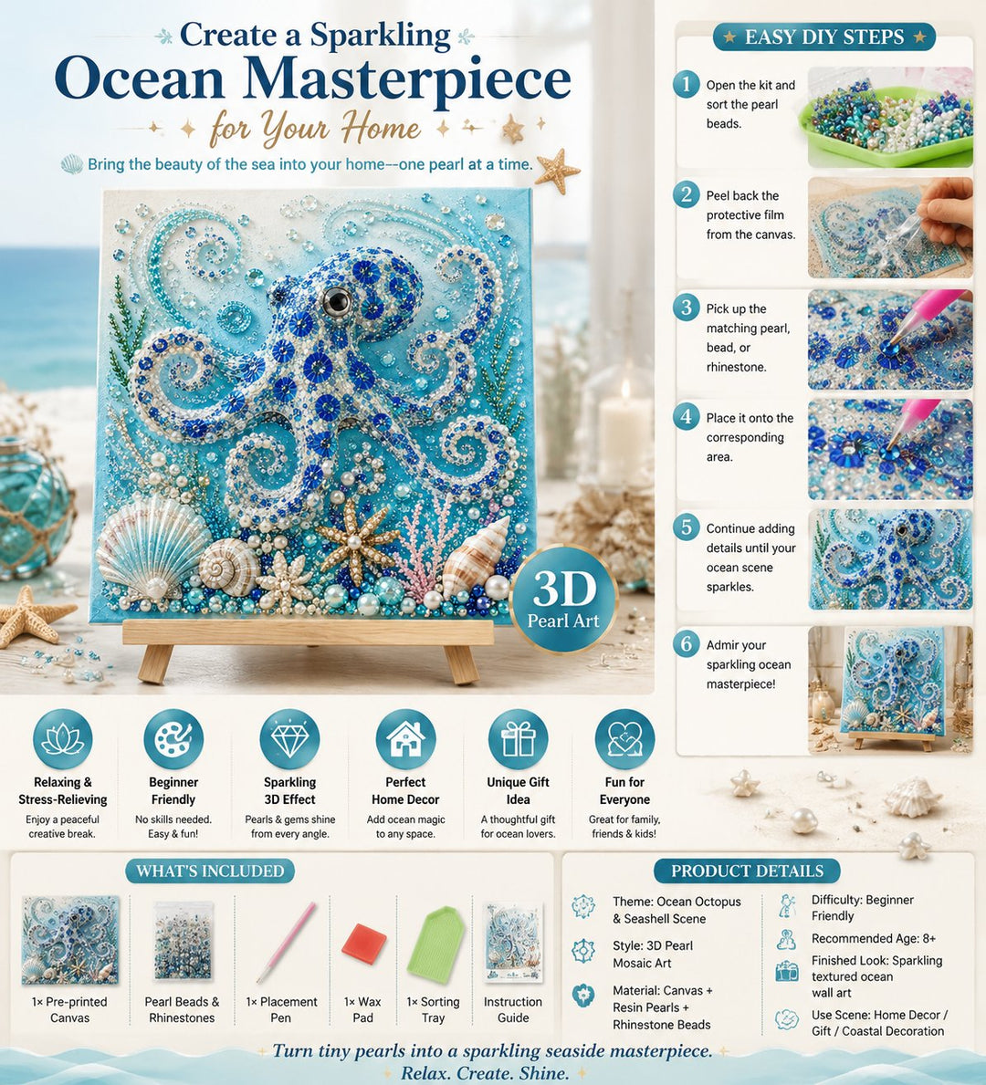 🌊Ocean Theme Pearl Art DIY Kit | 3D Sparkling Coastal Wall Decor 🐚✨