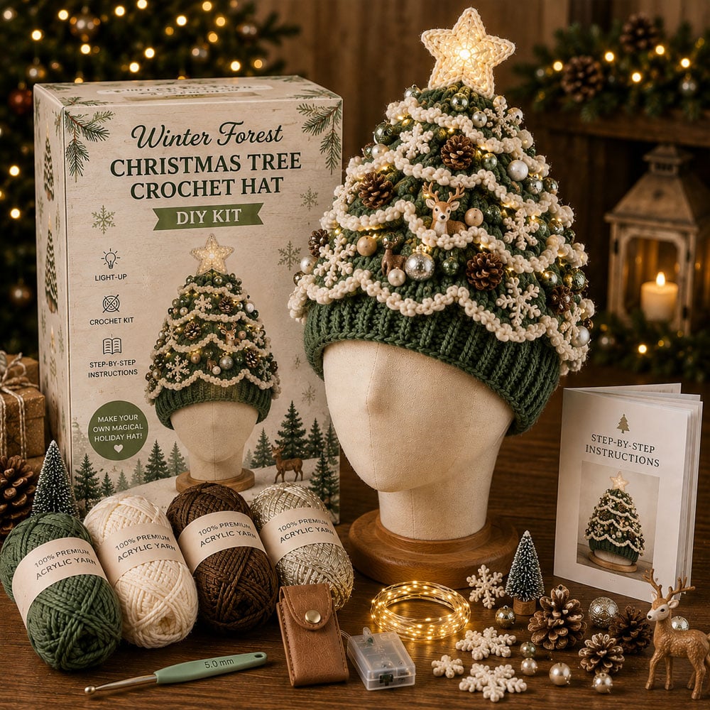 ⏳ Last Day 49% OFF – 🎄Beginner-Friendly Light-Up Christmas Tree Crochet Hat DIY Kit 💕