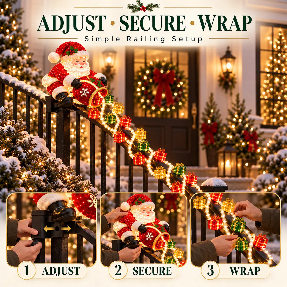 ⏳ Last Day 49% OFF – 🎅 Santa Magic Gift Cascade Railing Light | 3D Santa, 2 Glowing Gift Strands & Adjustable Rail Mount