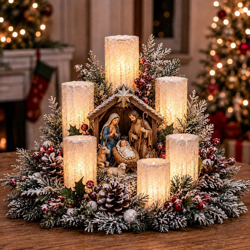 Christmas Hot Sale🎄Christmas Lighted Centerpiece with Flameless Candle Glow