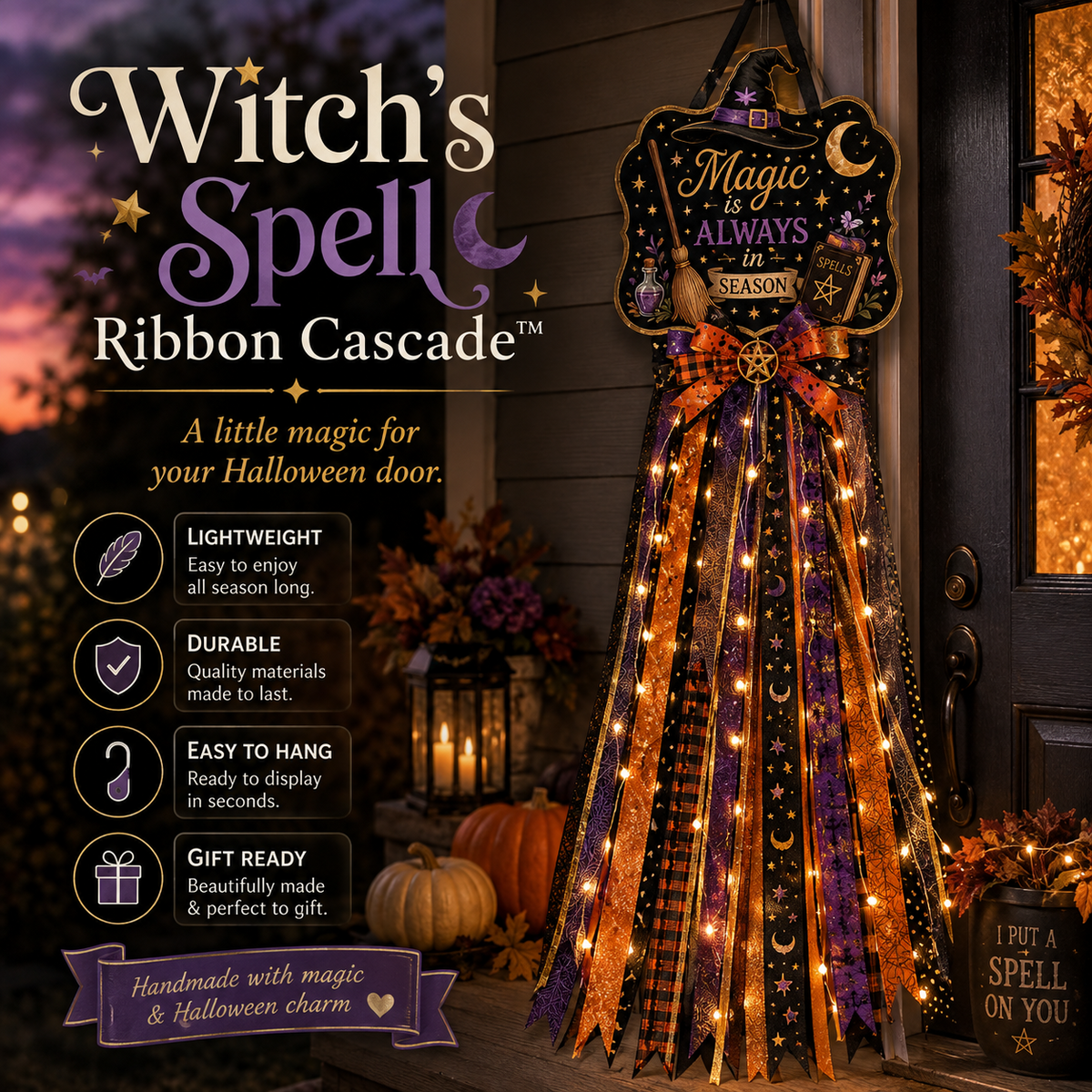 🎃 Lighted Halloween Ribbon Cascade™ – Handmade Door & Porch Decor