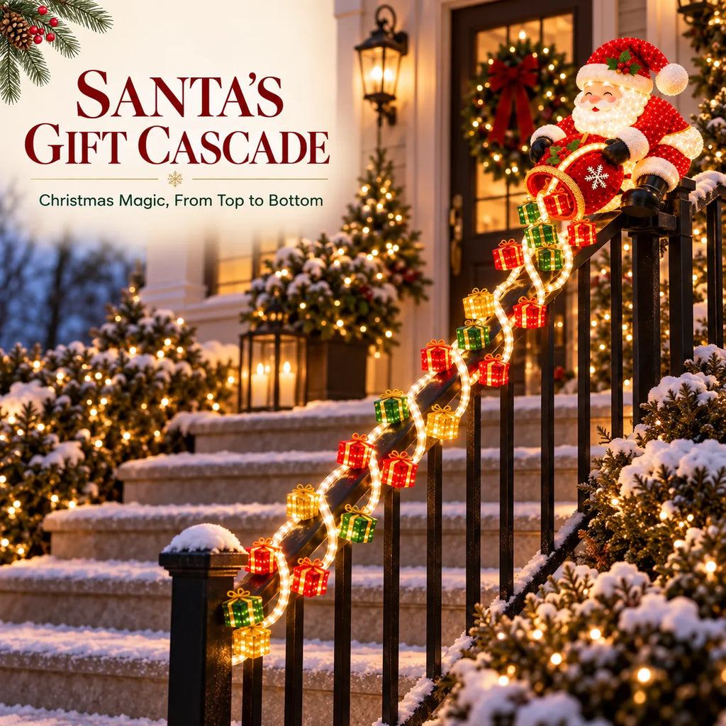 ⏳ Last Day 49% OFF – 🎅 Santa Magic Gift Cascade Railing Light | 3D Santa, 2 Glowing Gift Strands & Adjustable Rail Mount