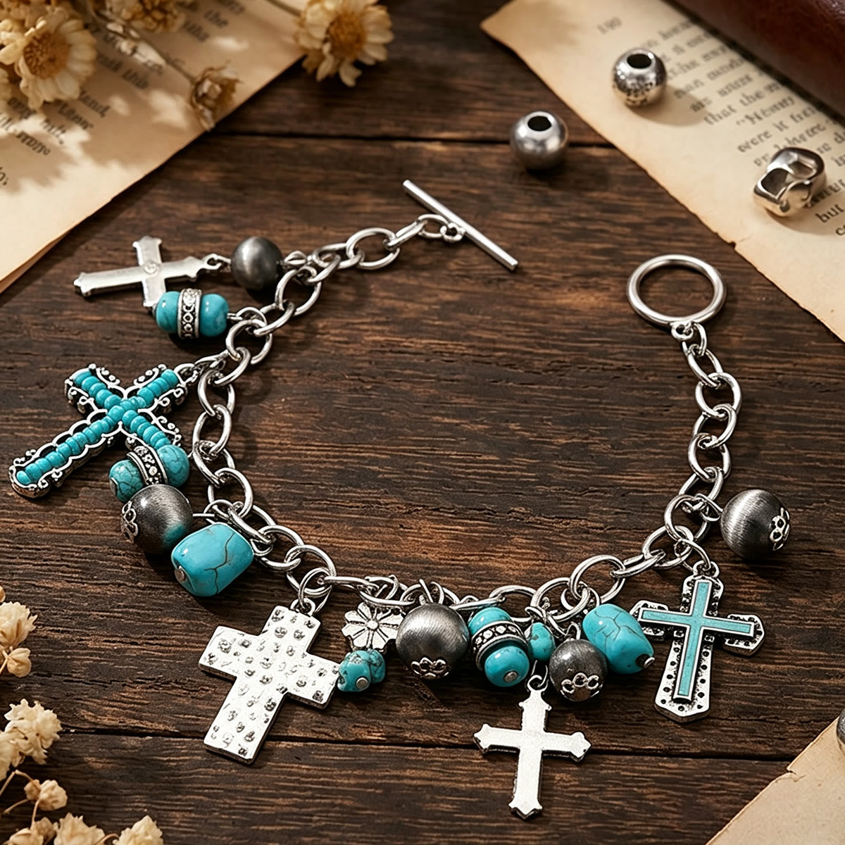 Timeless Bohemian Cross Bead Bracelet & Car Charm: Token of Enduring Heavenly Peace