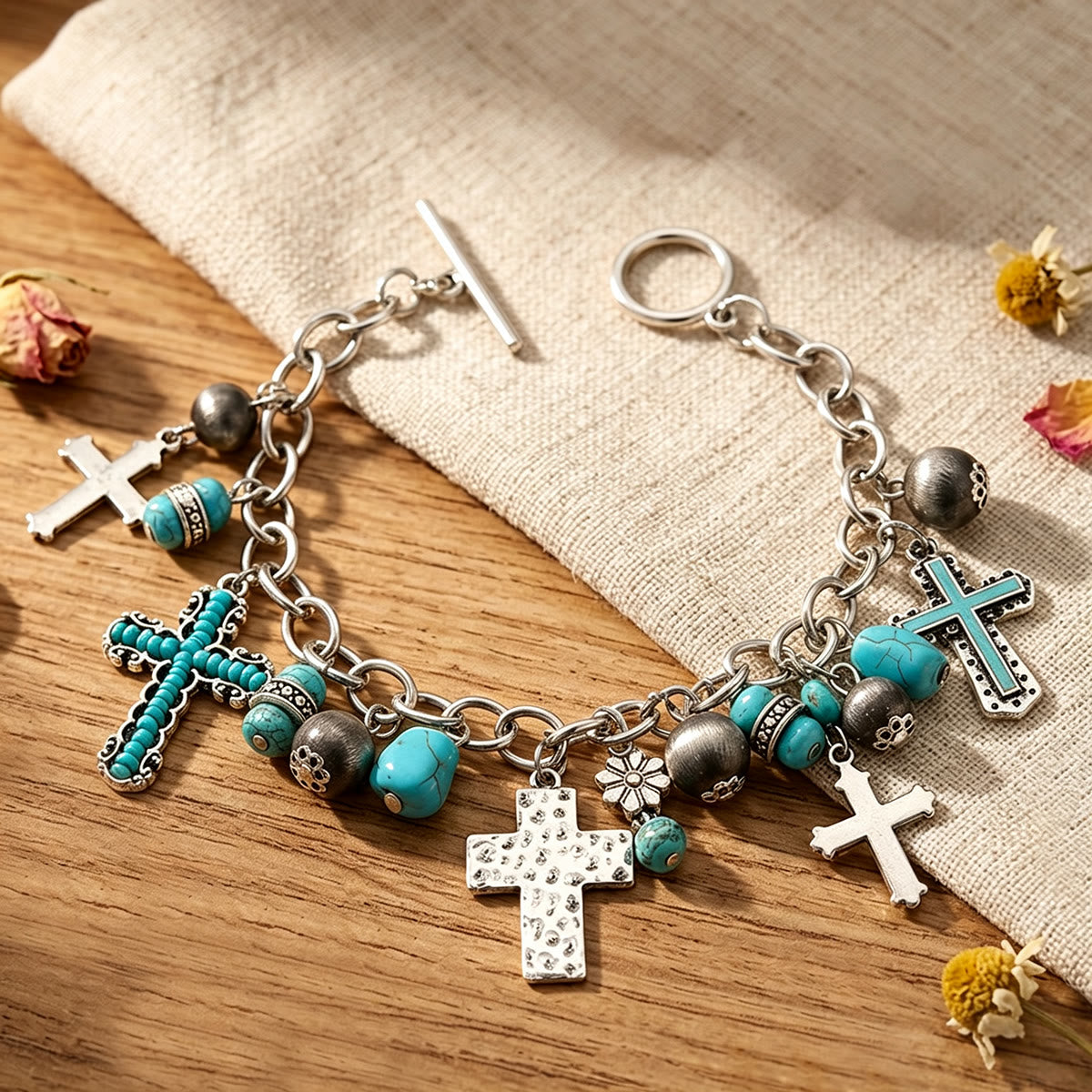 Timeless Bohemian Cross Bead Bracelet & Car Charm: Token of Enduring Heavenly Peace