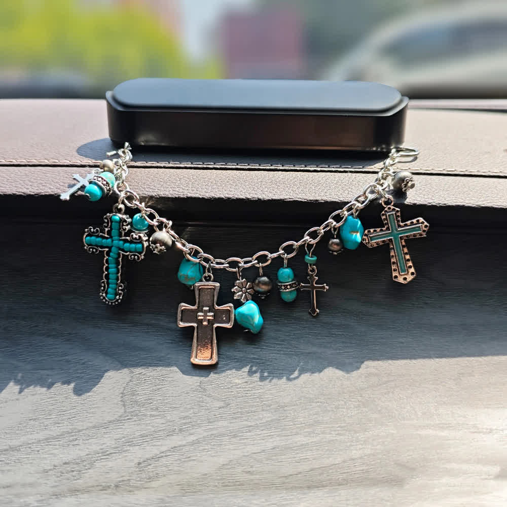 Timeless Bohemian Cross Bead Bracelet & Car Charm: Token of Enduring Heavenly Peace