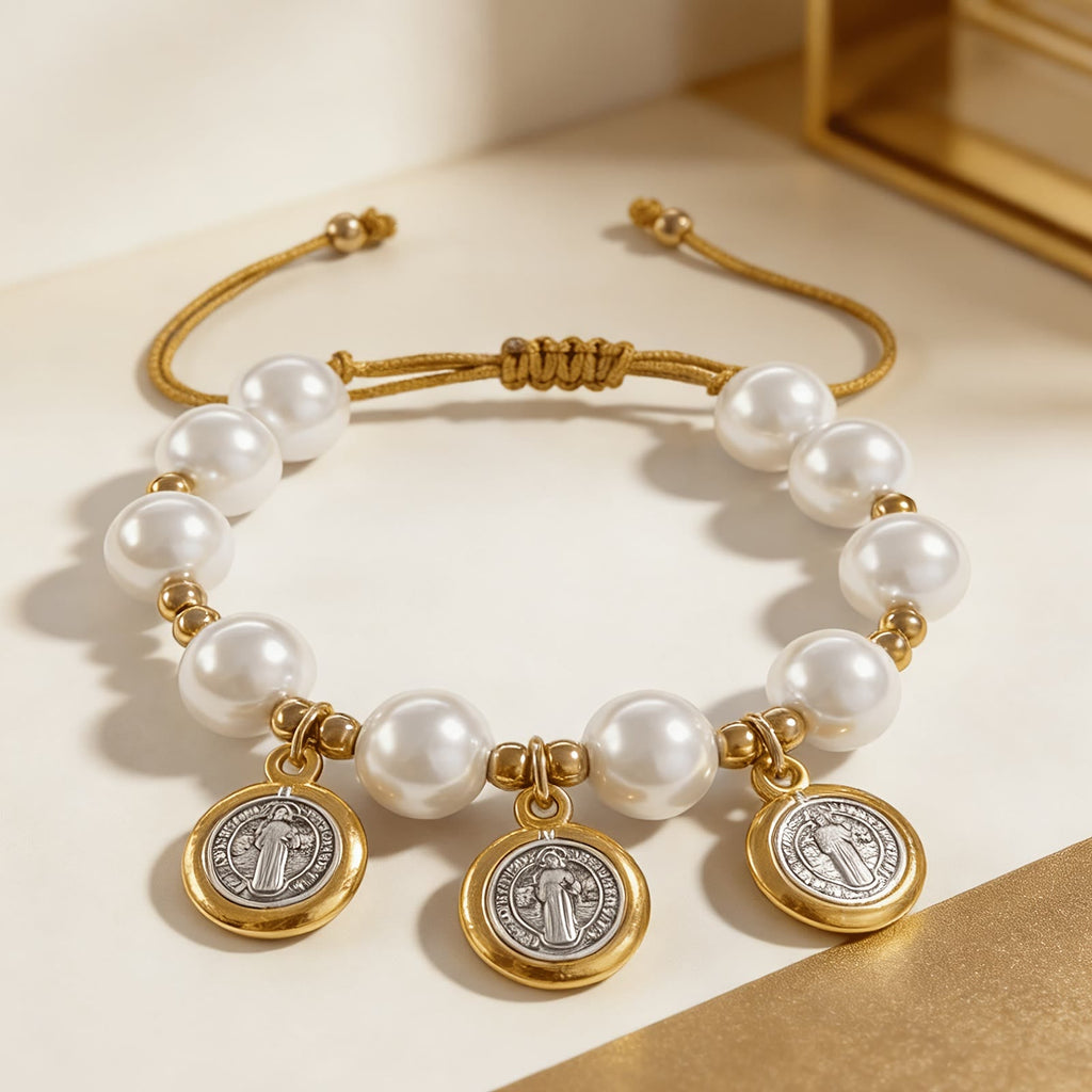 Knotted Cord Pearl Bracelet With St. Benedict Charms: Symbol of Celestial Blessing