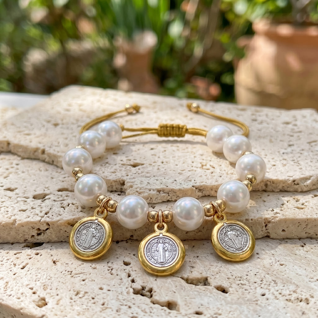 Knotted Cord Pearl Bracelet With St. Benedict Charms: Symbol of Celestial Blessing
