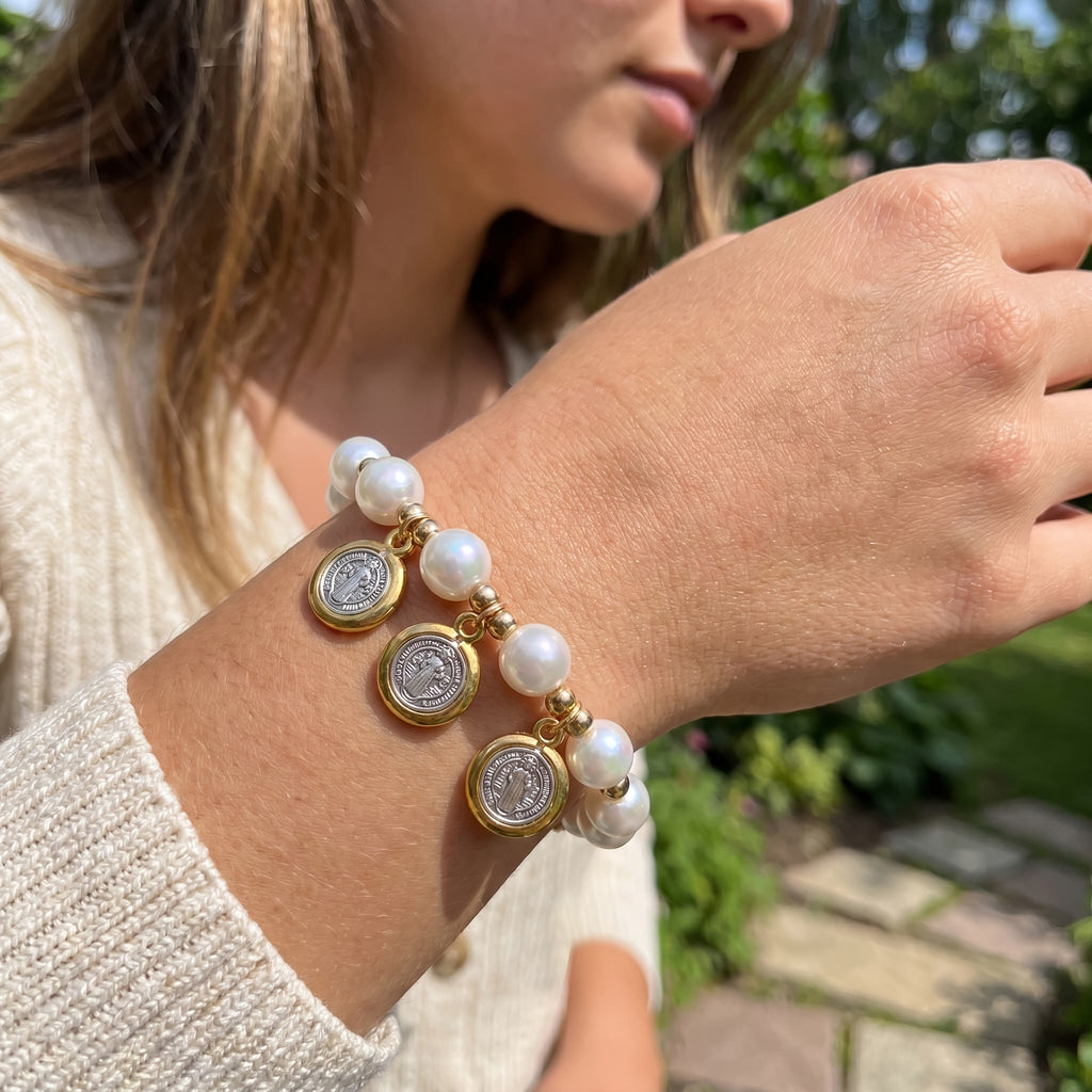 Knotted Cord Pearl Bracelet With St. Benedict Charms: Symbol of Celestial Blessing