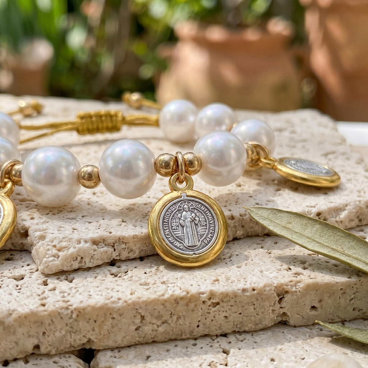 Knotted Cord Pearl Bracelet With St. Benedict Charms: Symbol of Celestial Blessing