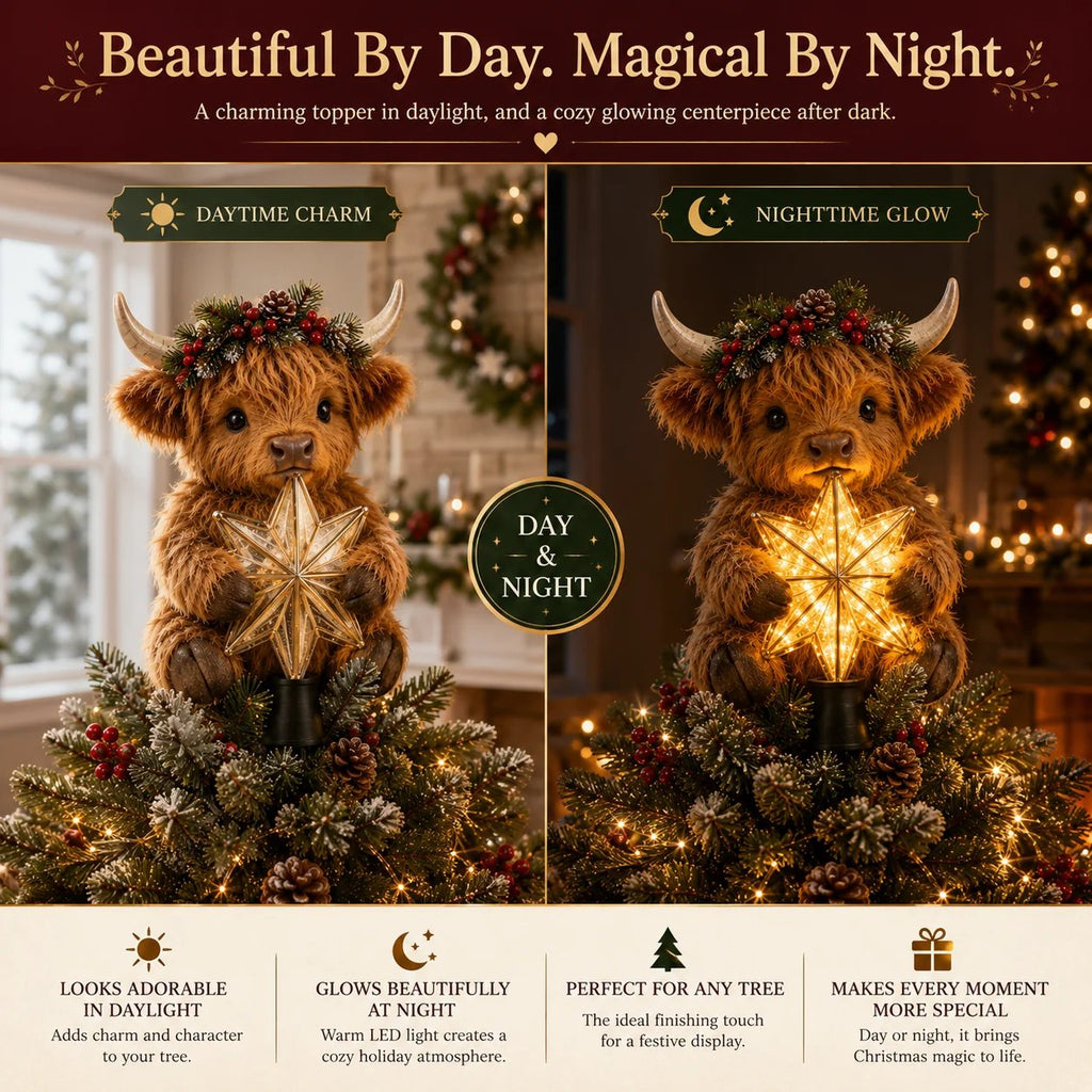 🎄 64% OFF | Highland Cow Christmas Tree Topper – Cozy Glowing Star Decoration ✨