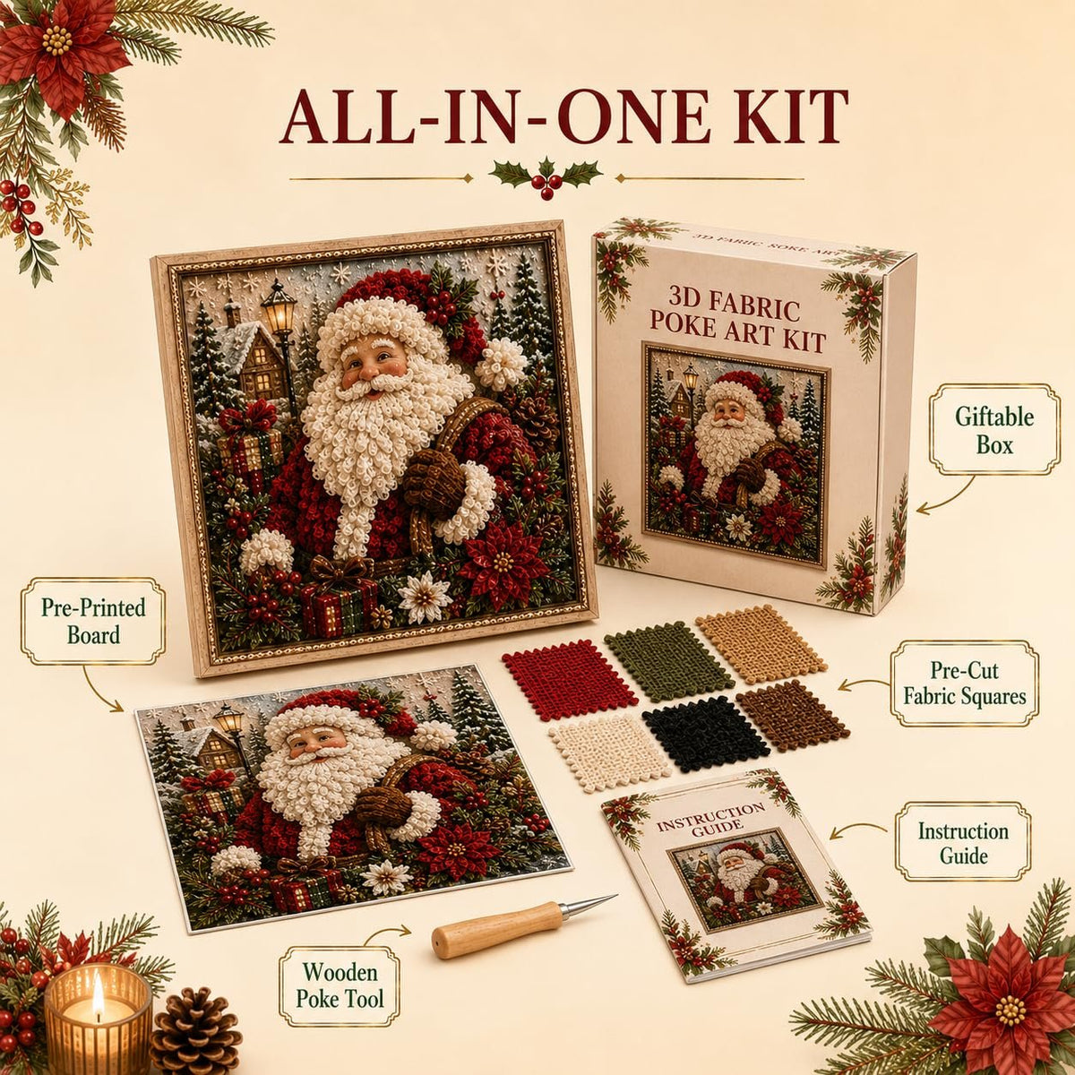 🔥Christmas Discount 59% Off🎅 3D Christmas Fabric Poke‐Art Craft Kit | Framed Shelf‐Ready Festive Decor