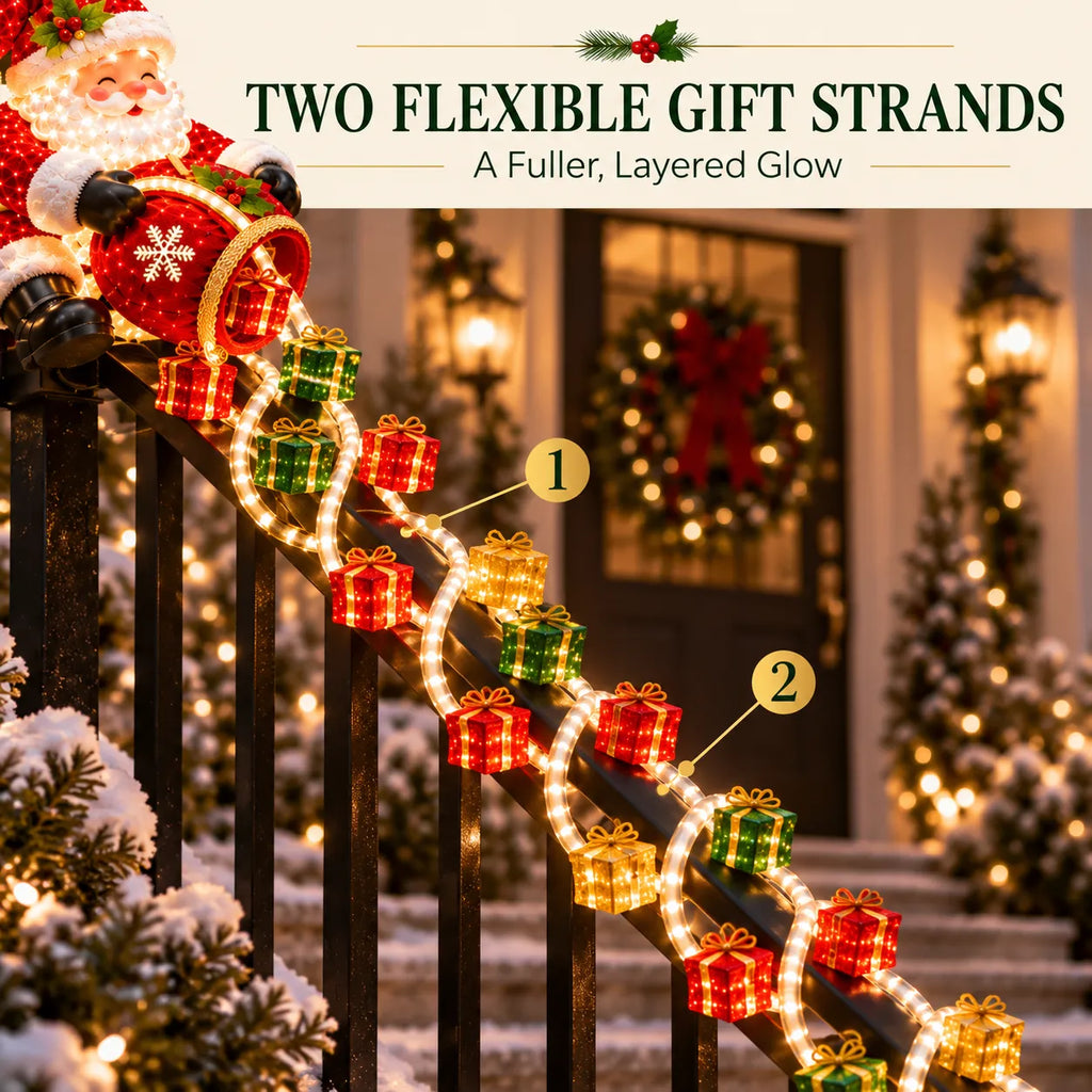 ⏳ Last Day 49% OFF – 🎅 Santa Magic Gift Cascade Railing Light | 3D Santa, 2 Glowing Gift Strands & Adjustable Rail Mount
