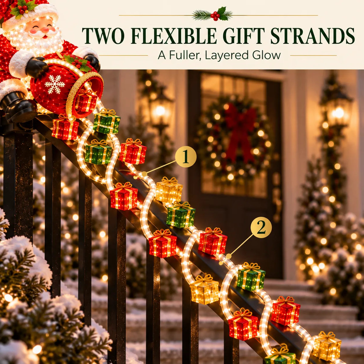⏳ Last Day 49% OFF – 🎅 Santa Magic Gift Cascade Railing Light | 3D Santa, 2 Glowing Gift Strands & Adjustable Rail Mount