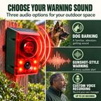 Solar Outdoor Motion Sensor Alarm - Dog Barking & Gunshot Sound, Support Recording and Volume Adjustment, 130dB Noise with Flashing Light to Deter Raccoon, Deer, Skunk, Bear, Coyote