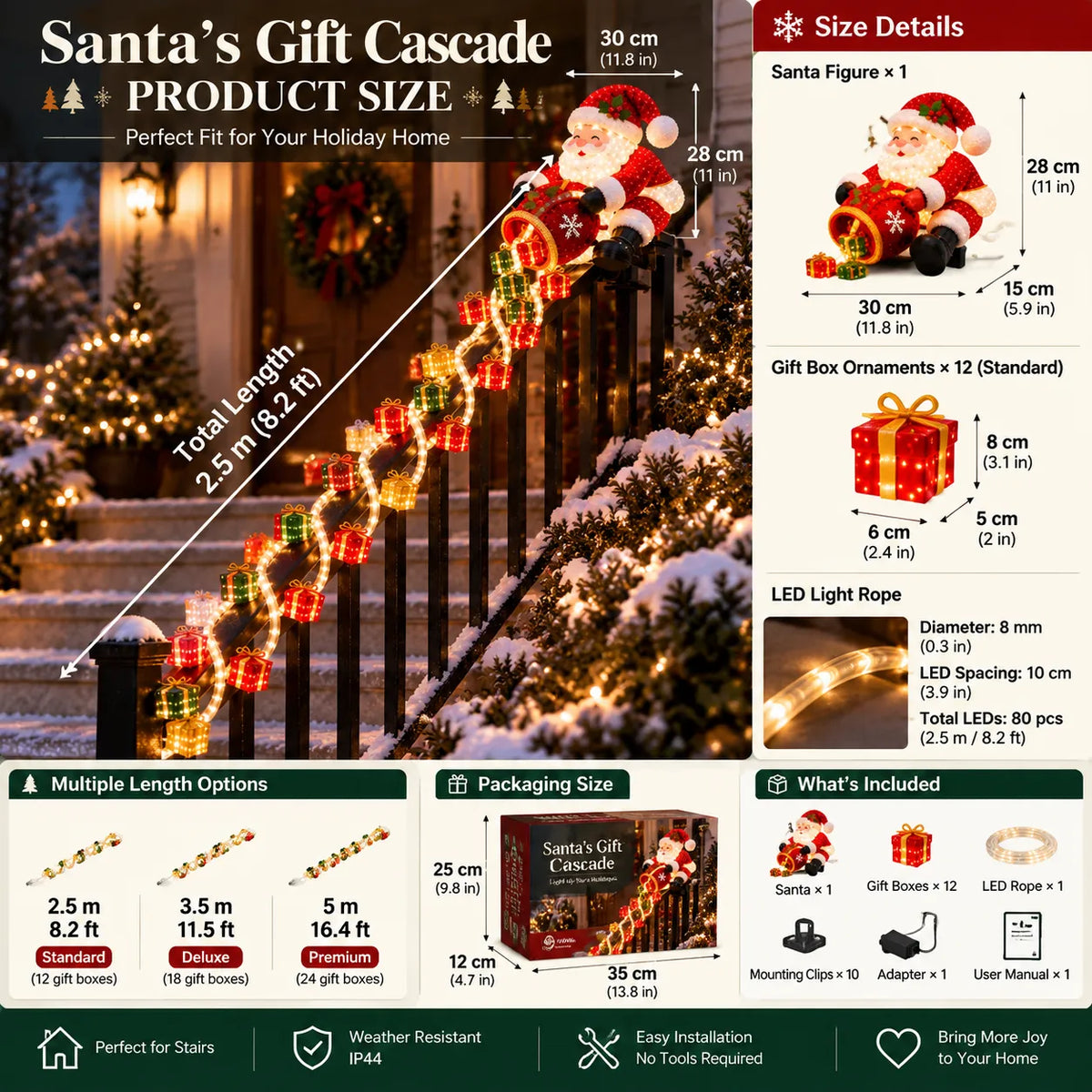 ⏳ Last Day 49% OFF – 🎅 Santa Magic Gift Cascade Railing Light | 3D Santa, 2 Glowing Gift Strands & Adjustable Rail Mount