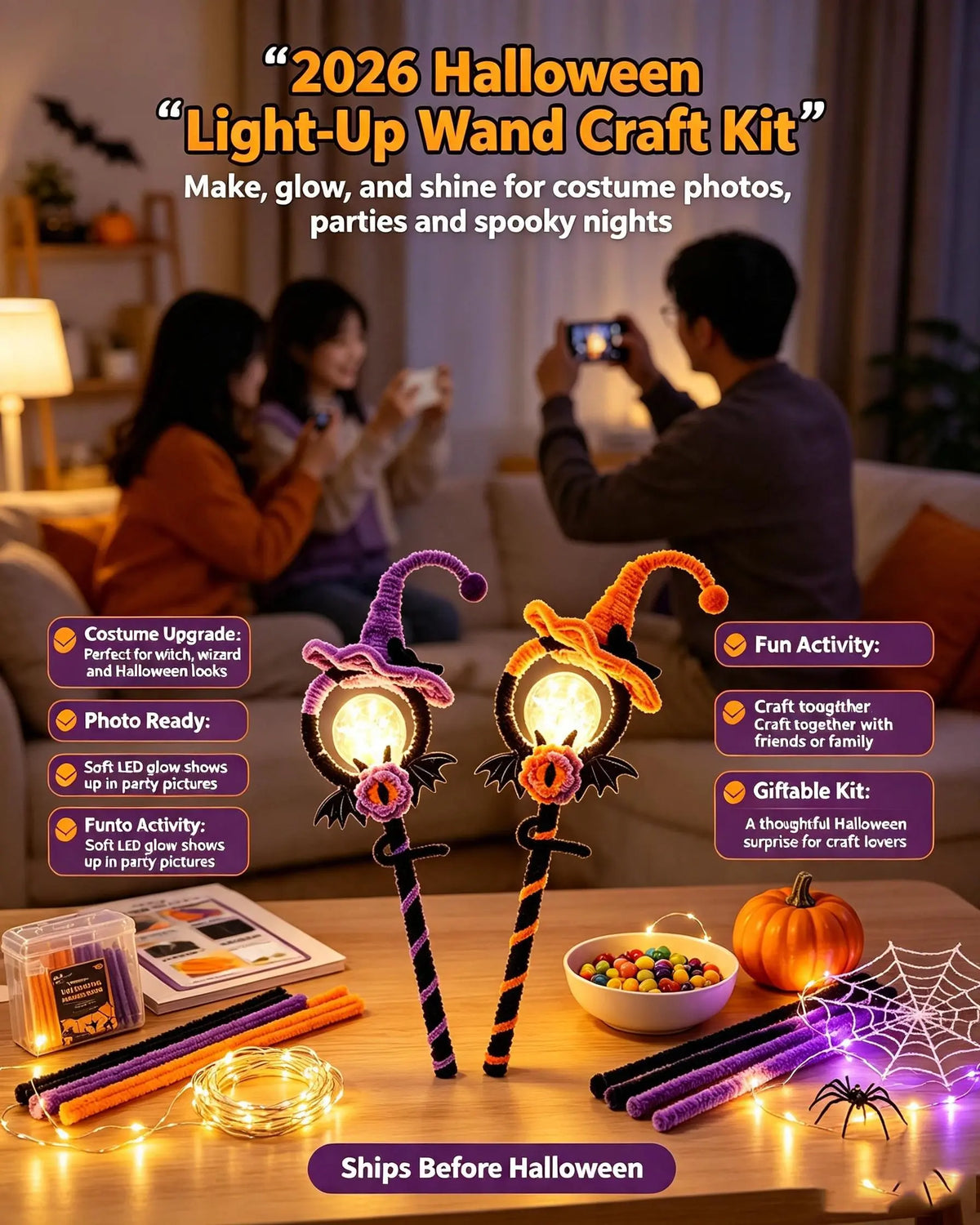 Halloween DIY Craft Kit LED Glowing Witch Magic Wand, Pipe Cleaners