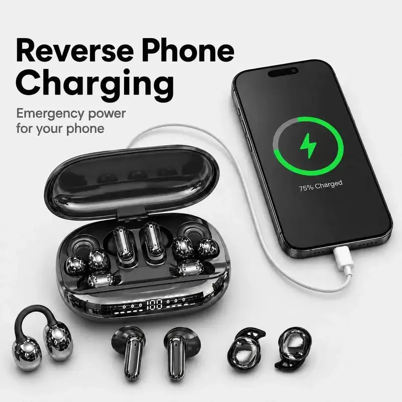 🎧 3-in-1 Wireless Earbuds with Power Bank Charging Case – Clip-On & Sleep Bluetooth Headphones with 4 Earbuds, Noise Cancellation, IPX5 Water Resistant for Sports & Sleep