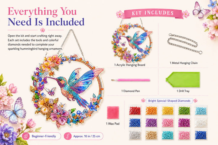 💥LAST DAY 49% OFF - Hummingbird Diamond Art Hanging Ornament Kit – Sparkling DIY Window Ornament 🐦✨
