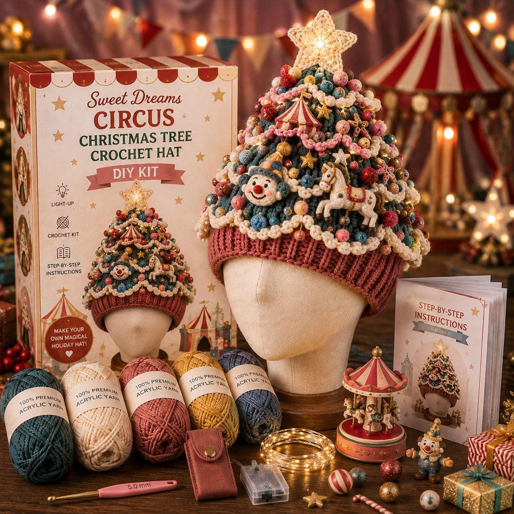 ⏳ Last Day 49% OFF – 🎄Beginner-Friendly Light-Up Christmas Tree Crochet Hat DIY Kit 💕