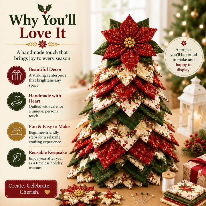Poinsettia Holly DIY Quilted Santa Christmas Tree Kit