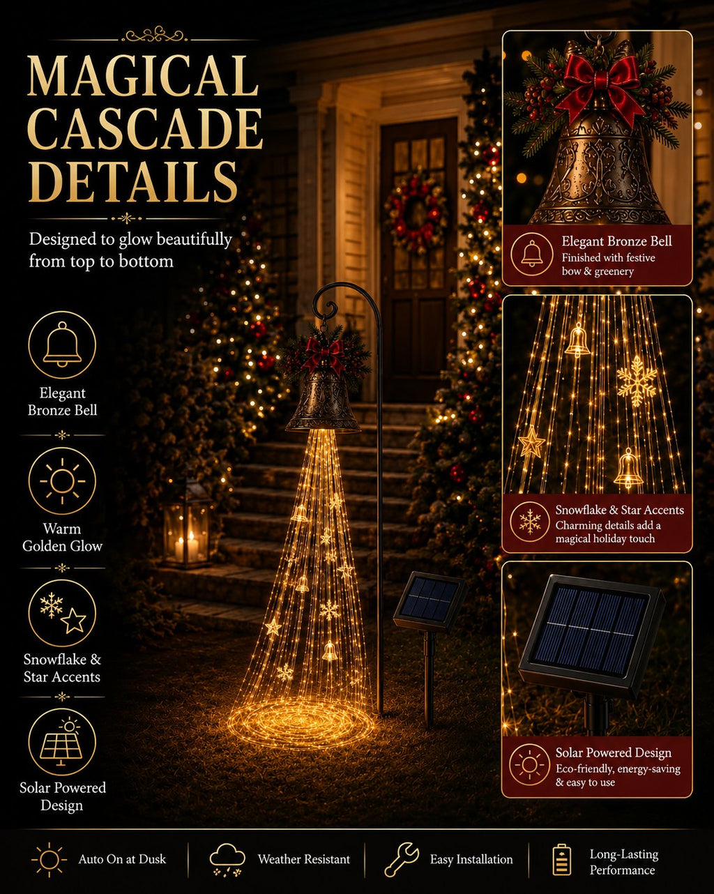 🎄 Save 56% – Solar-Powered Christmas Bell Cascade Light ✨ Magical Outdoor Garden & Pathway Decor