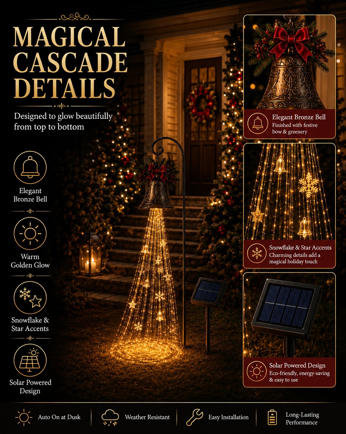 🎄 Save 56% – Solar-Powered Christmas Bell Cascade Light ✨ Magical Outdoor Garden & Pathway Decor