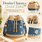 Handmade Denim Crochet Bucket Bag – Daisy-Embroidered Drawstring Crossbody Bag
