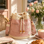 Handmade Denim Crochet Bucket Bag – Daisy-Embroidered Drawstring Crossbody Bag