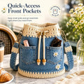 Handmade Denim Crochet Bucket Bag – Daisy-Embroidered Drawstring Crossbody Bag