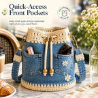 Handmade Denim Crochet Bucket Bag – Daisy-Embroidered Drawstring Crossbody Bag