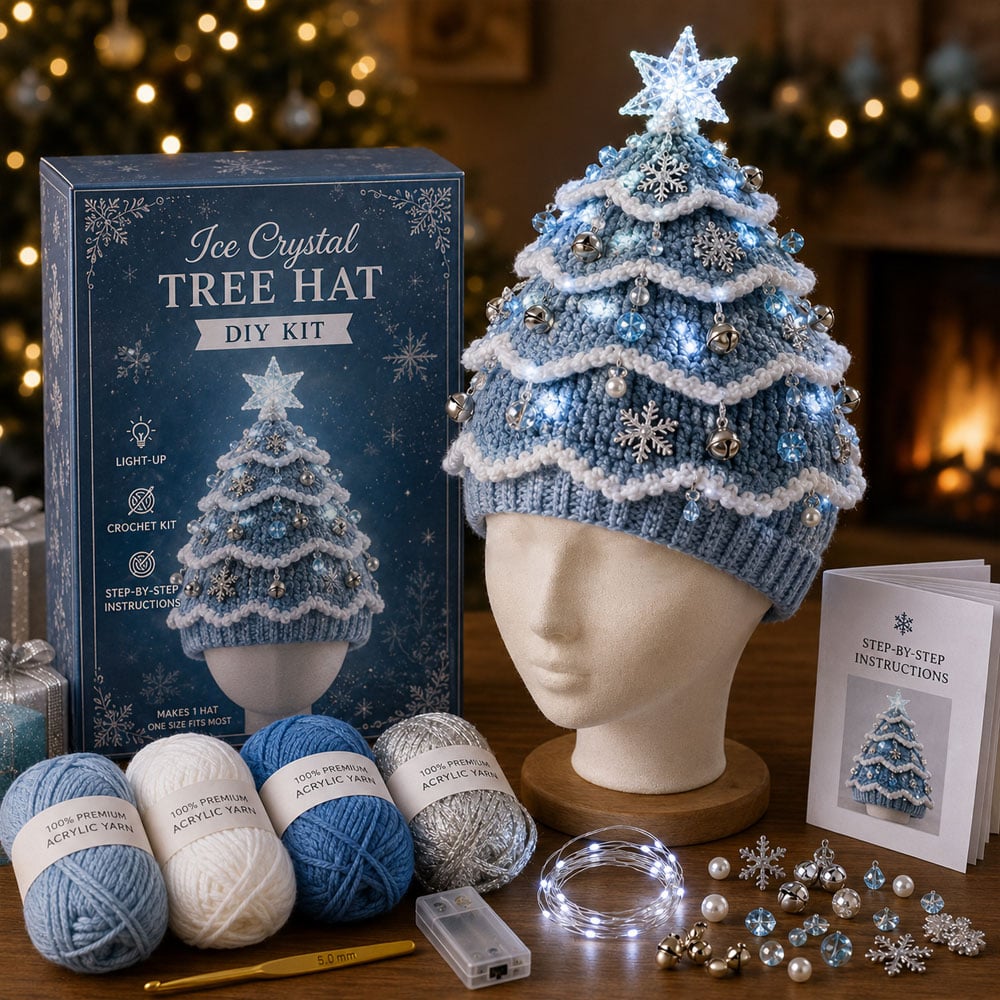 ⏳ Last Day 49% OFF – 🎄Beginner-Friendly Light-Up Christmas Tree Crochet Hat DIY Kit 💕