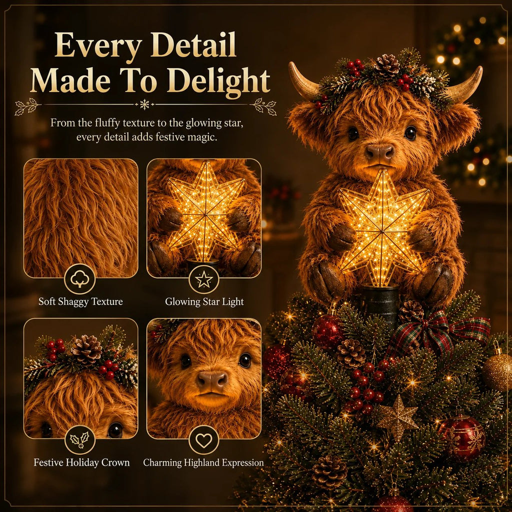 🎄 64% OFF | Highland Cow Christmas Tree Topper – Cozy Glowing Star Decoration ✨