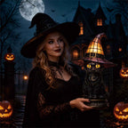 🔥Exclusive Limited Item 👍🔥50%OFF🐈 Gothic Stained Glass Witch Black Cat Table Lamp | Halloween Witch Hat Night Light Decor
