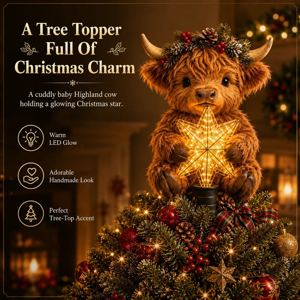 🎄 64% OFF | Highland Cow Christmas Tree Topper – Cozy Glowing Star Decoration ✨