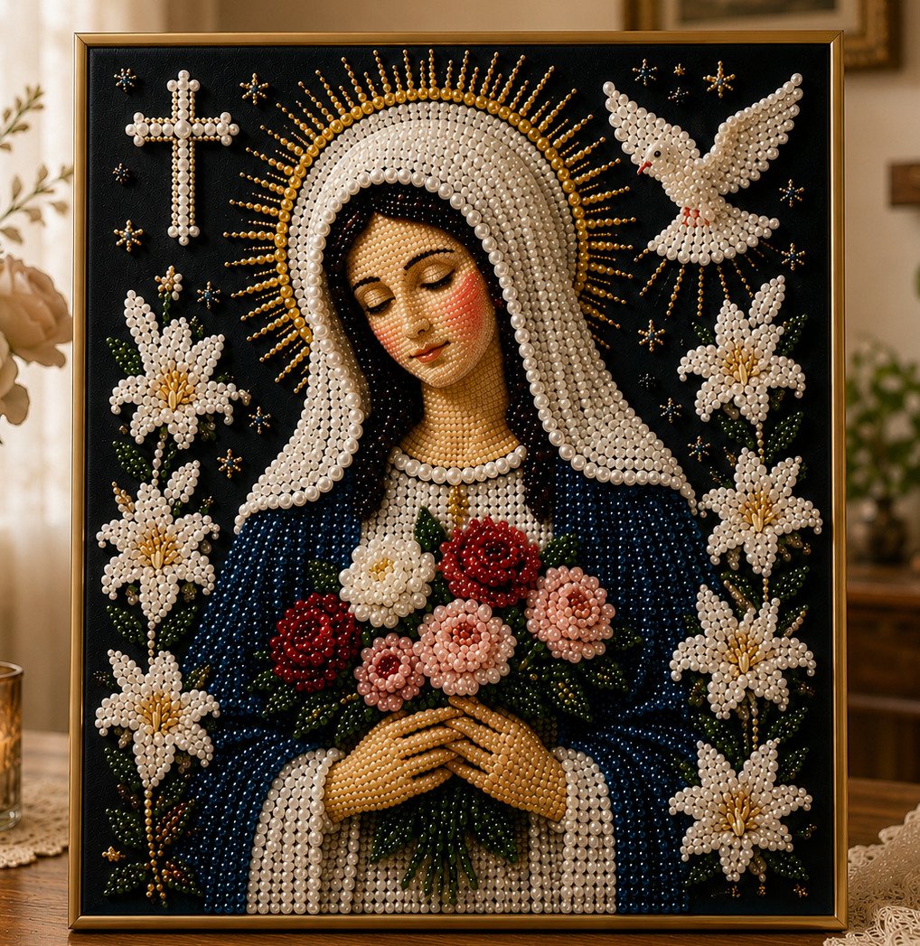🙏 Divine Pearl Bead Virgin Mary Icon – A Peaceful DIY Faith Art Gift ✨