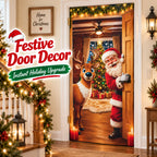Christmas Door Cover Stretch Fit Santa & Reindeer Door Decoration with 4-Side Elastic Edges 🎅