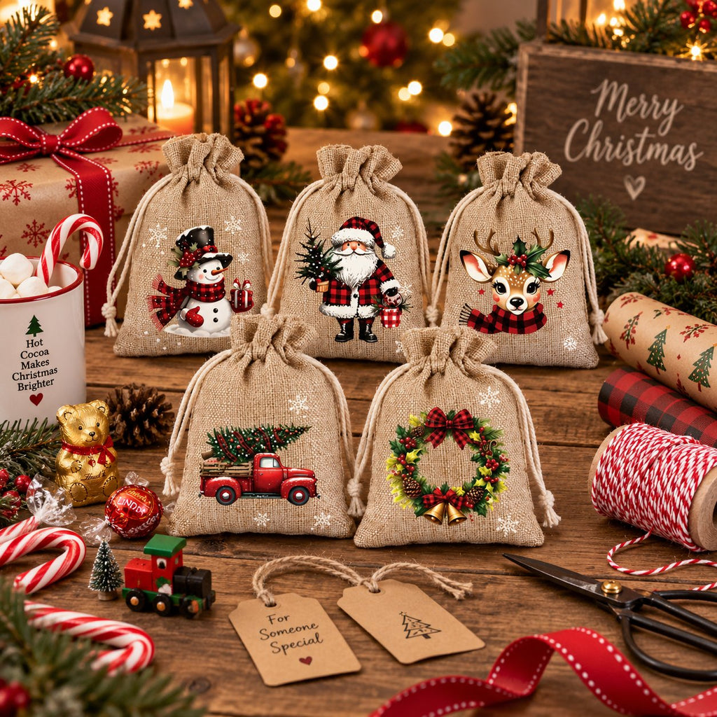 🎁ONLY£6.99!!! BUY 1 GET 1 FREE | Christmas Drawstring Gift Bags – 5 Festive Designs