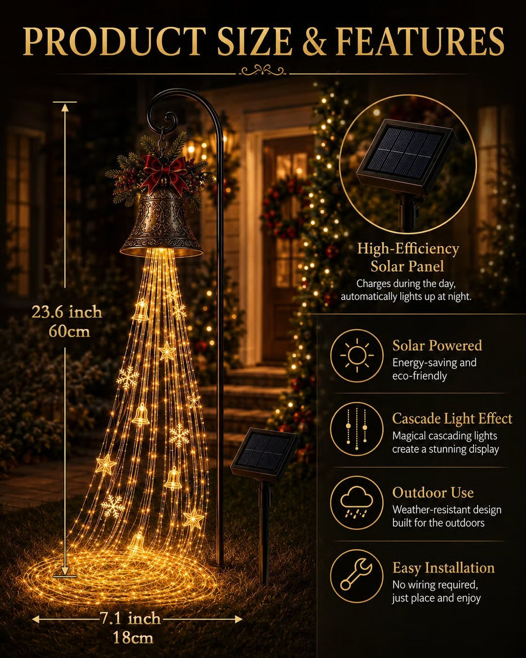 🎄 Save 56% – Solar-Powered Christmas Bell Cascade Light ✨ Magical Outdoor Garden & Pathway Decor