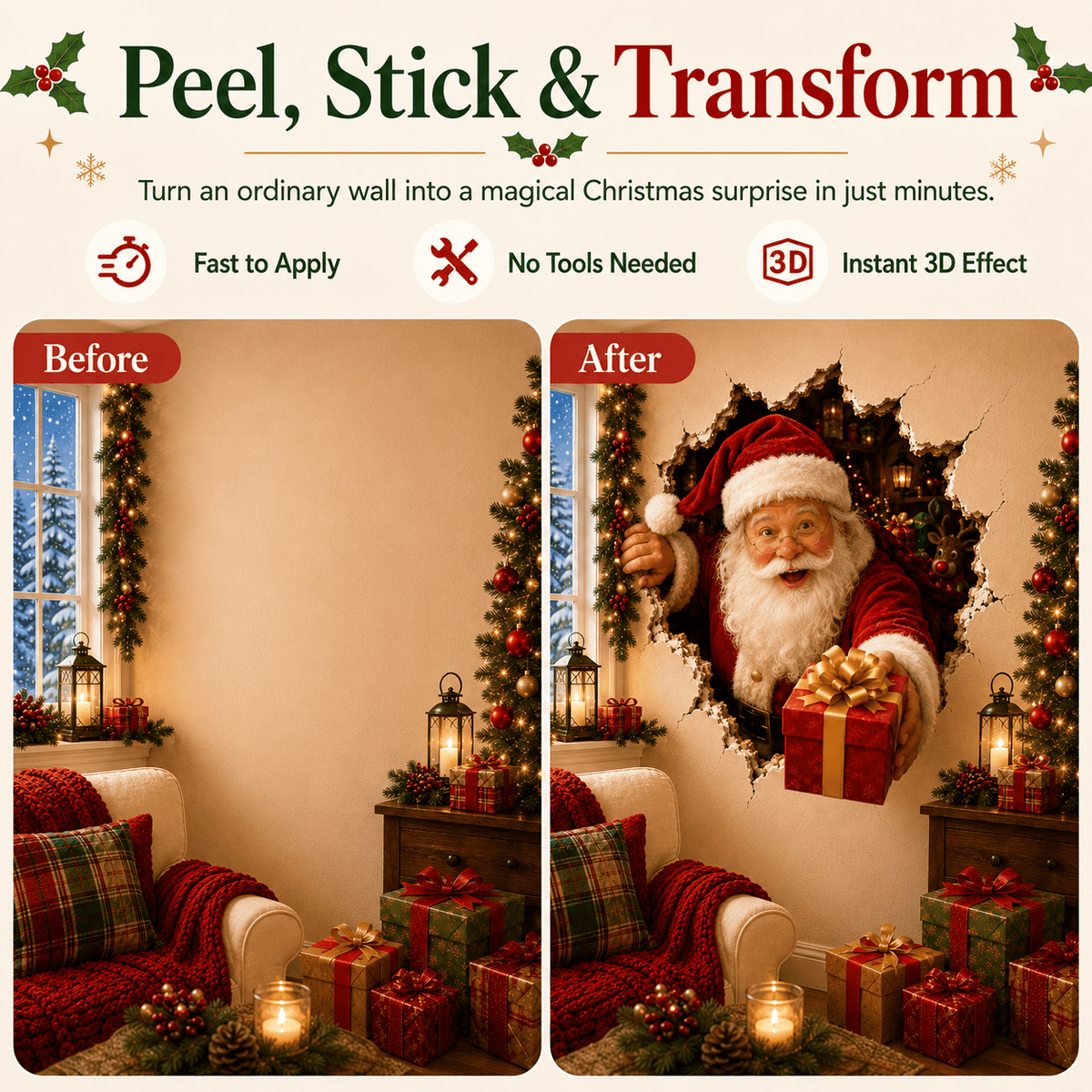 🎅Christmas Break-In 3D Wall Decal – Santa Surprise Effect Christmas Decoration