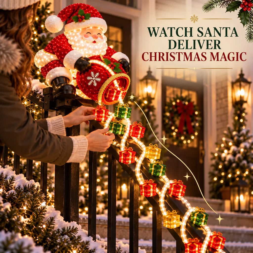 ⏳ Last Day 49% OFF – 🎅 Santa Magic Gift Cascade Railing Light | 3D Santa, 2 Glowing Gift Strands & Adjustable Rail Mount