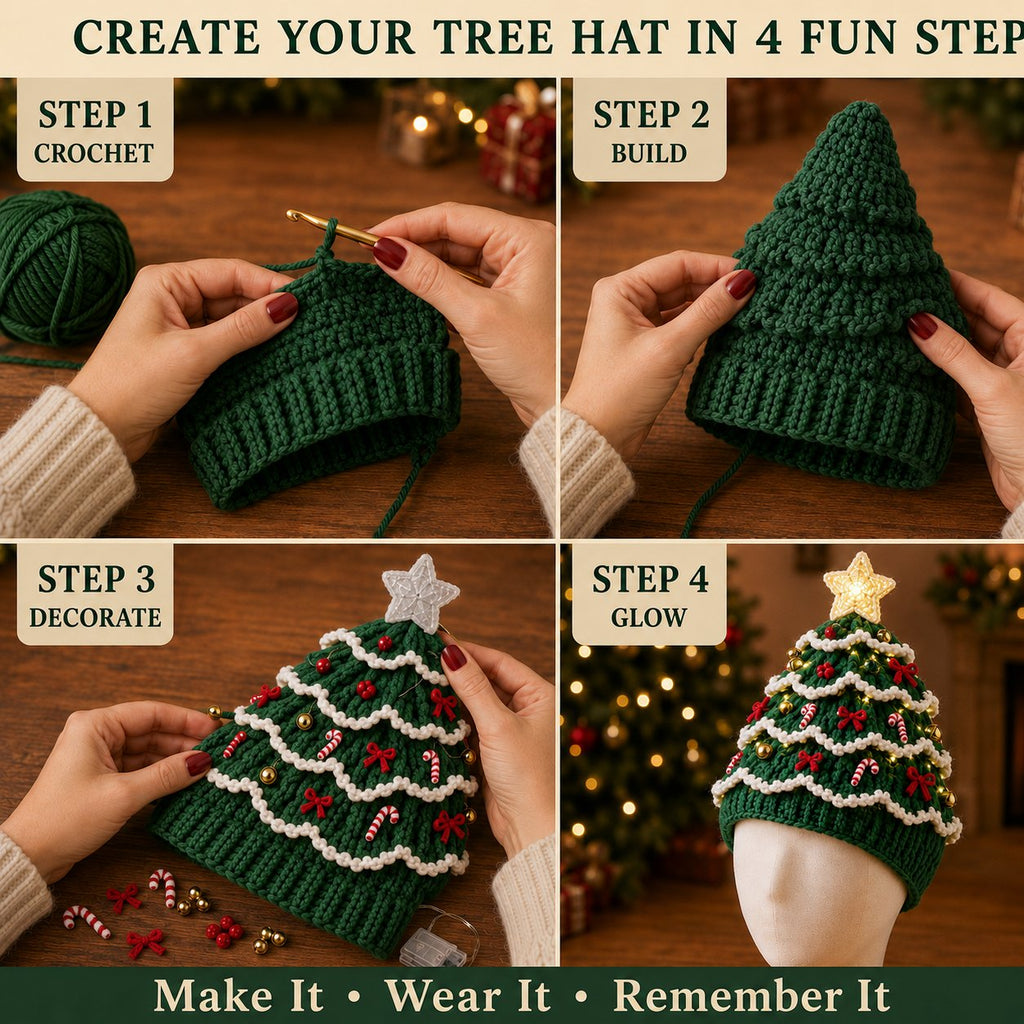 ⏳ Last Day 49% OFF – 🎄Beginner-Friendly Light-Up Christmas Tree Crochet Hat DIY Kit 💕