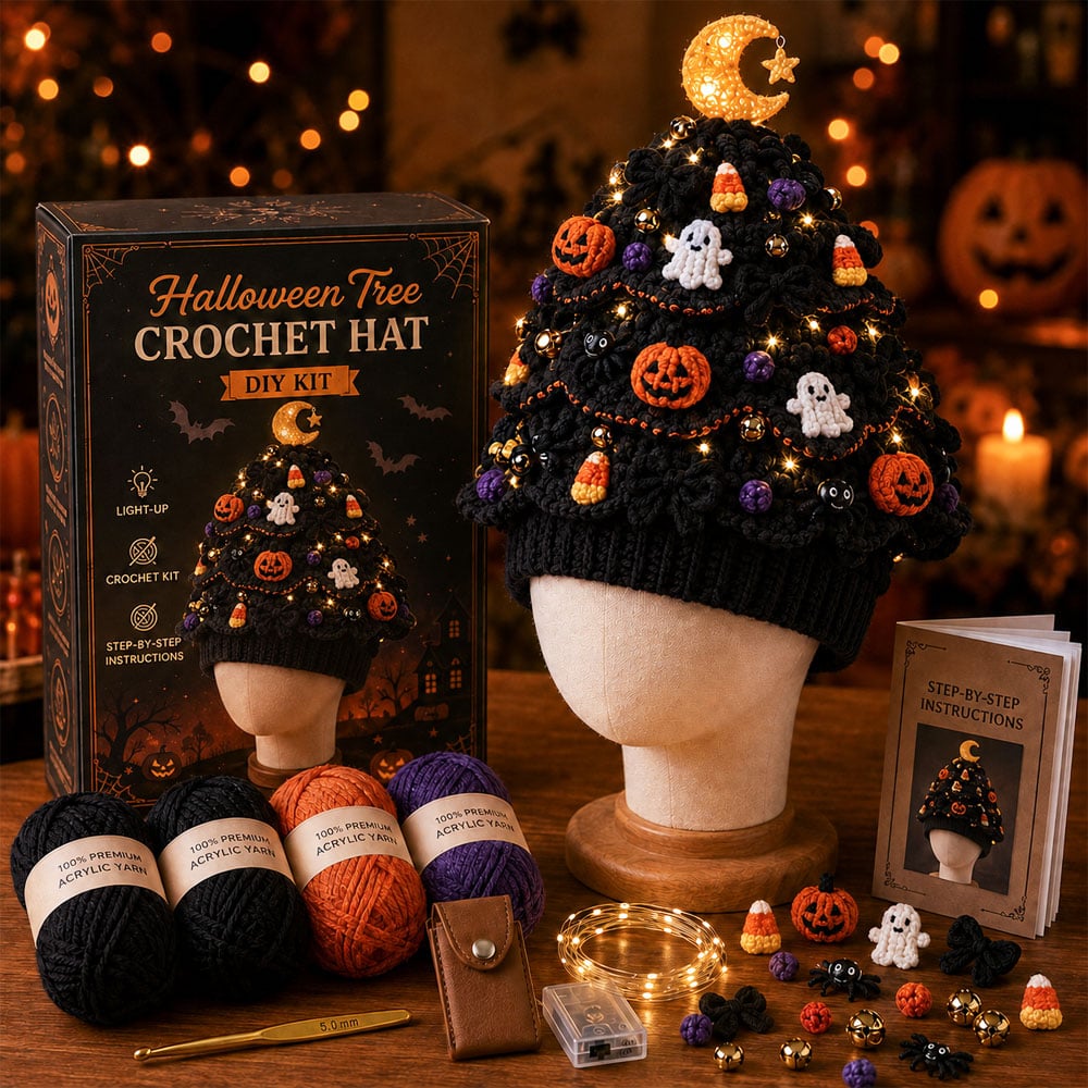 ⏳ Last Day 49% OFF – 🎄Beginner-Friendly Light-Up Christmas Tree Crochet Hat DIY Kit 💕