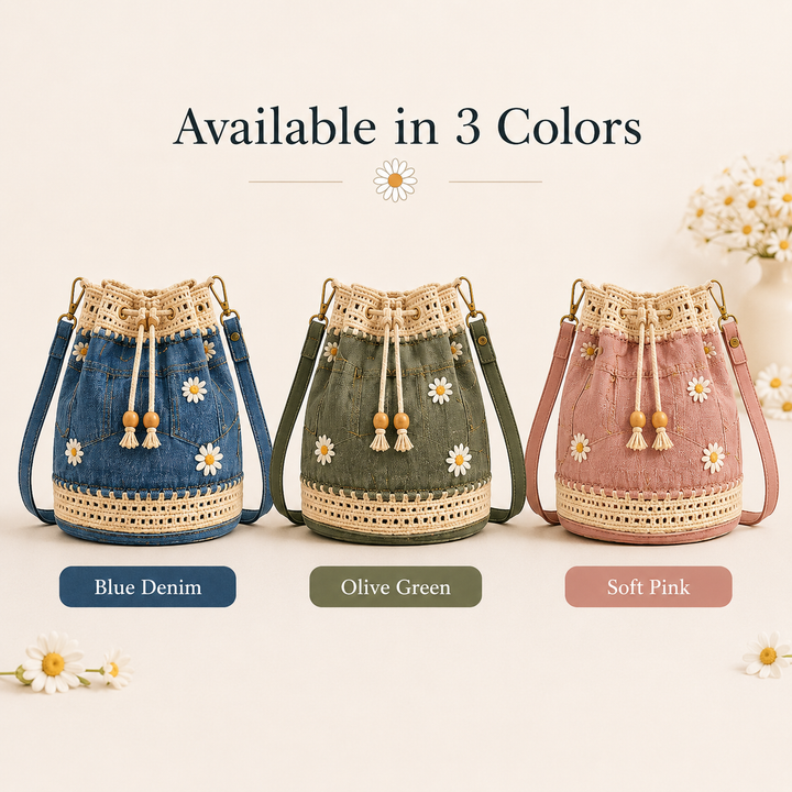 Handmade Denim Crochet Bucket Bag – Daisy-Embroidered Drawstring Crossbody Bag