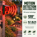 Solar Outdoor Motion Sensor Alarm - Dog Barking & Gunshot Sound, Support Recording and Volume Adjustment, 130dB Noise with Flashing Light to Deter Raccoon, Deer, Skunk, Bear, Coyote