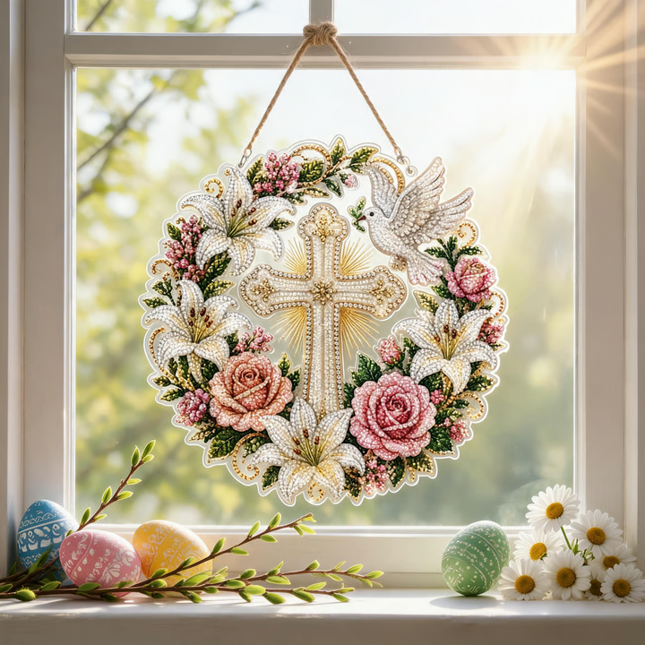✝️💐Cross, Flowers & Peace Dove Diamond Art Hanging Ornament Kit